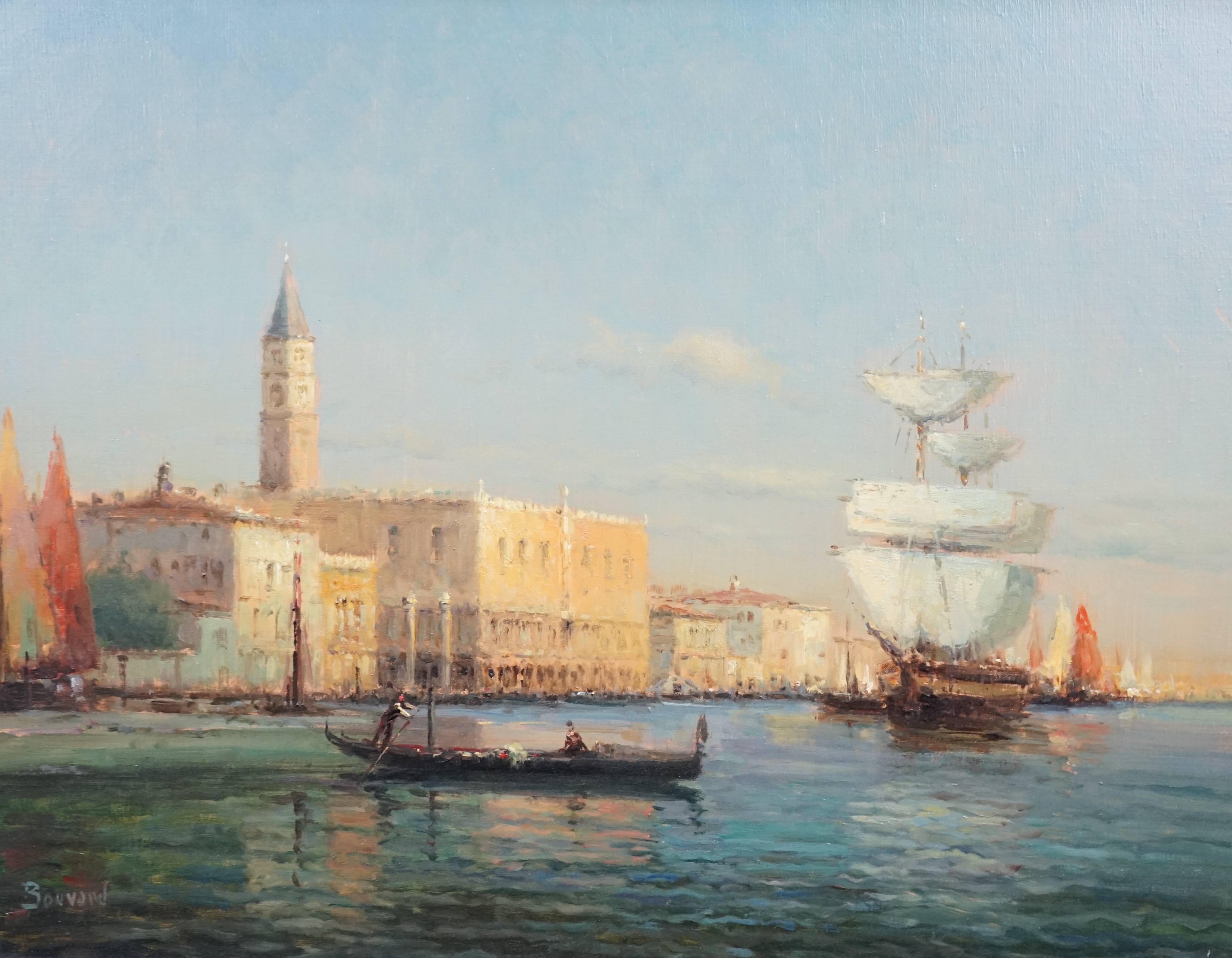 Noel Georges Bouvard (French, 1912-1975), Gondola and sailing ship off the Doges Palace, Venice, oil on canvas, 49 x 64cm